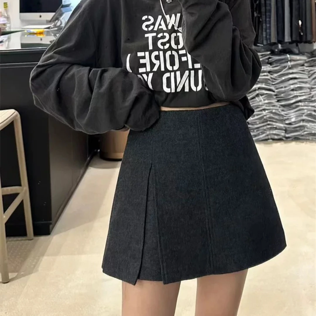 【莹莹推荐】秋冬新款韩版高腰显瘦毛呢半身裙女A字短裙开衩裙裤