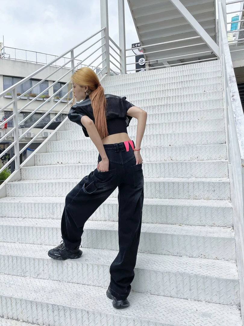 【1245】弯刀弧形牛仔裤黑蓝两色
