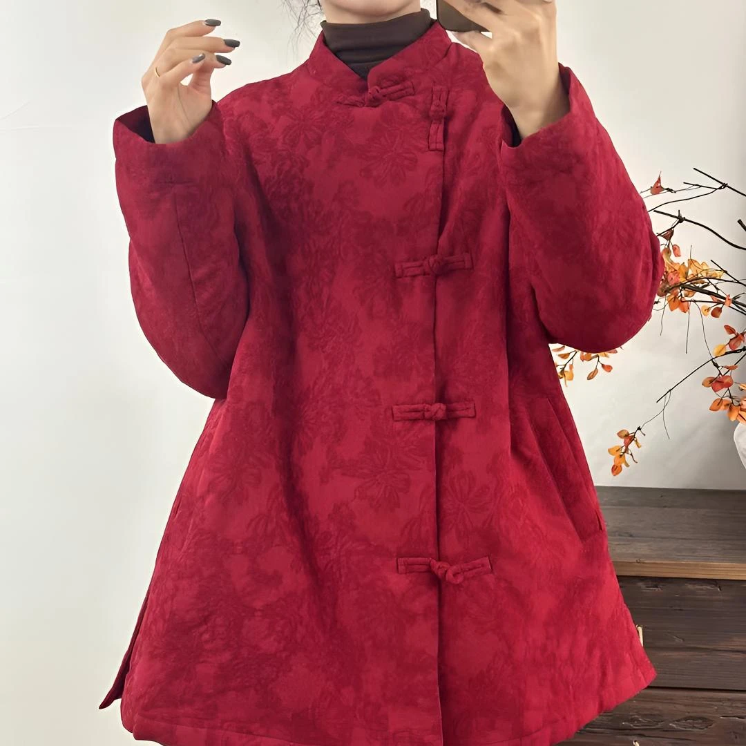 新中式亚麻提花偏襟盘扣开衫棉服外套女2025冬季新款宽松复古保暖