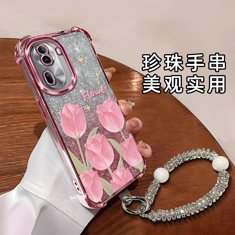 适用于【OPPO】Reno11创意新款粉色郁金香花闪粉电镀四角防摔软壳