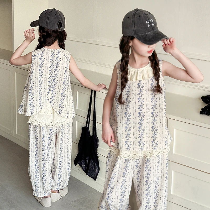 女童夏季花边背心无袖上衣2025新款中大童时尚休闲灯笼裤两件套潮