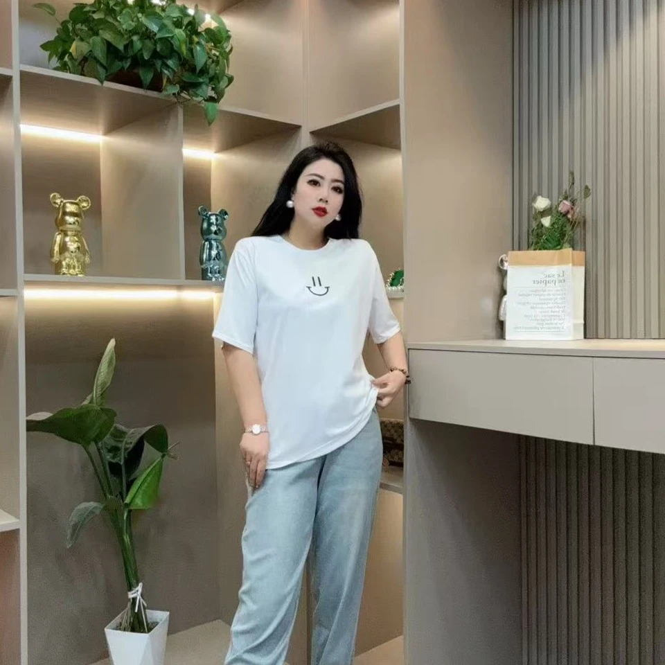 春季半袖-甜 8485时尚糖果色系笑脸休闲百搭显瘦胖MM大码女装新款