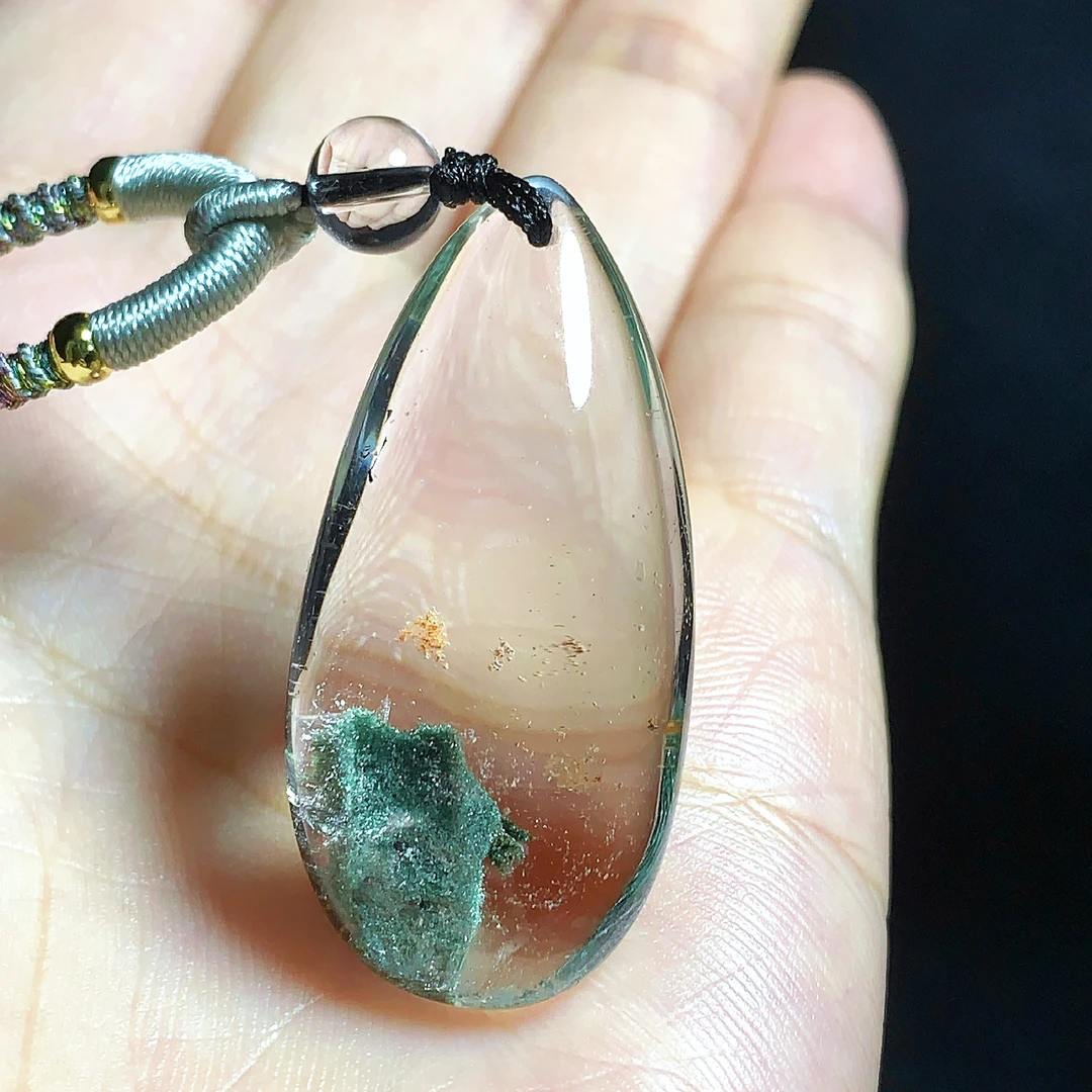 东海水晶天然绿幽灵水晶吊坠毛衣链平安通透水滴项坠男女款聚宝盆