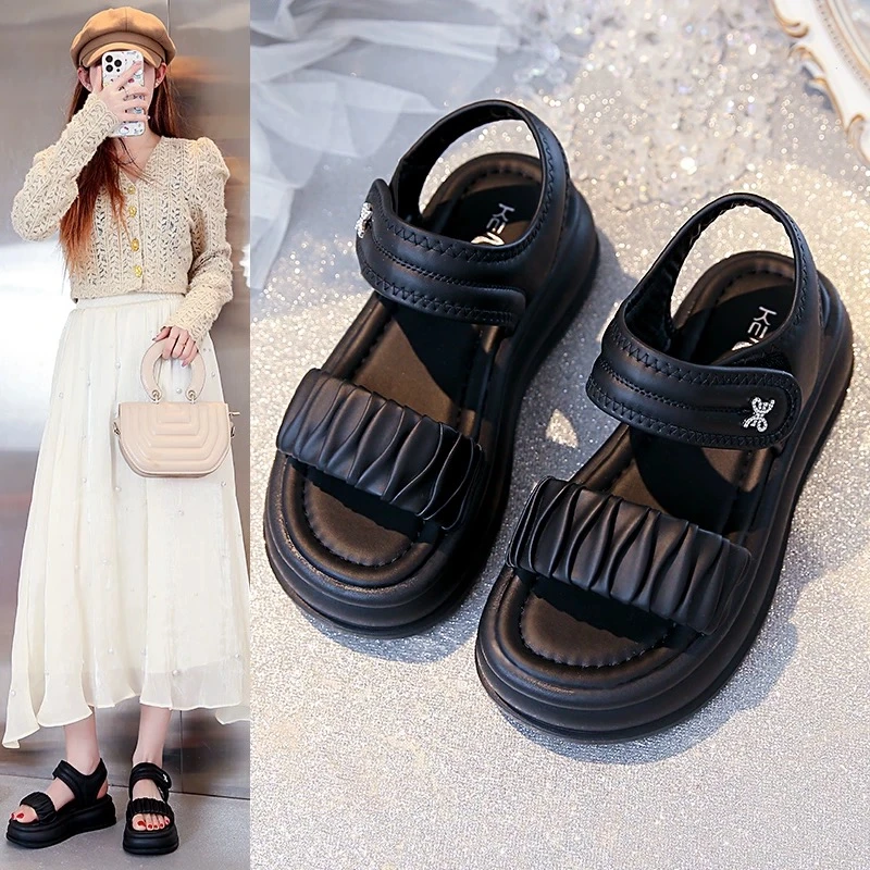 三福真皮凉鞋女2025新款夏季休闲百搭软底不累脚厚底防滑沙滩鞋