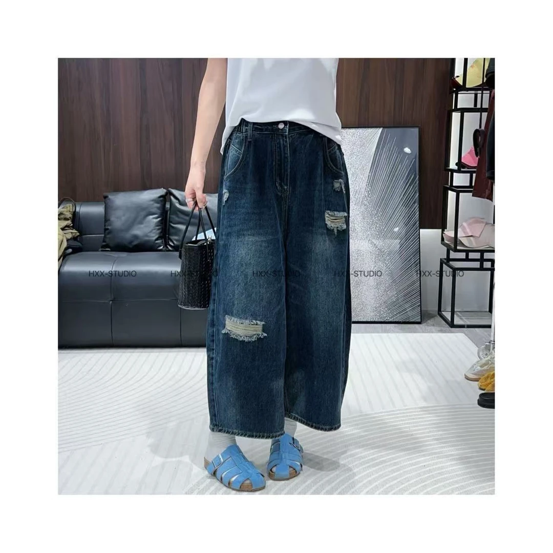 水洗破洞牛仔九分裤女2025年秋季新款宽松高腰破洞直筒休闲裤XY
