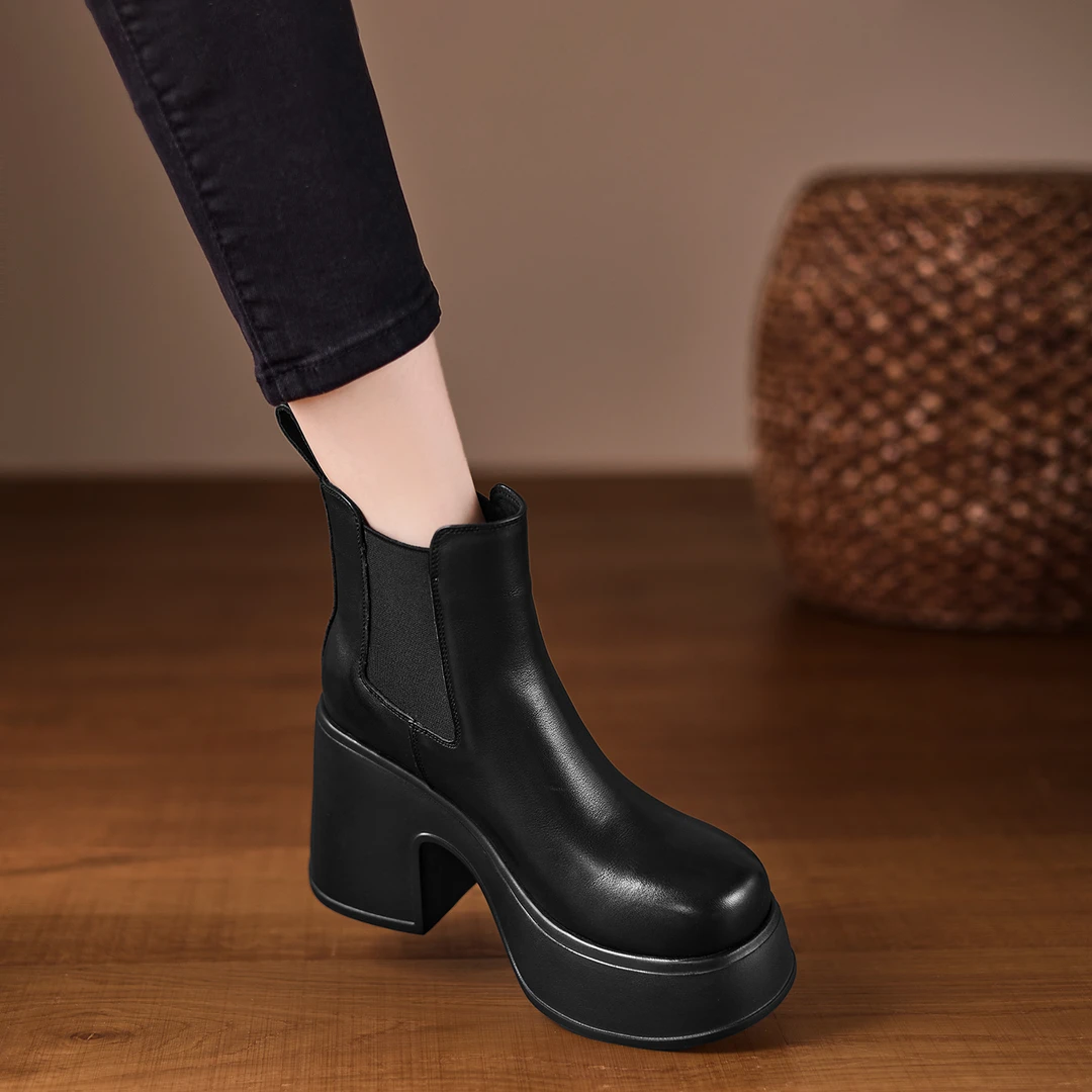 小个子手工女鞋10cm~黑色时尚增高高跟短靴女英伦风马丁靴瘦瘦靴