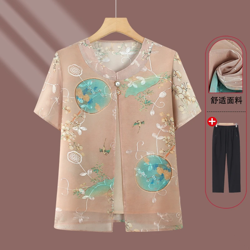 中老年人女装2025夏季新款妈妈上衣女奶奶假两件T恤60岁老人衣服