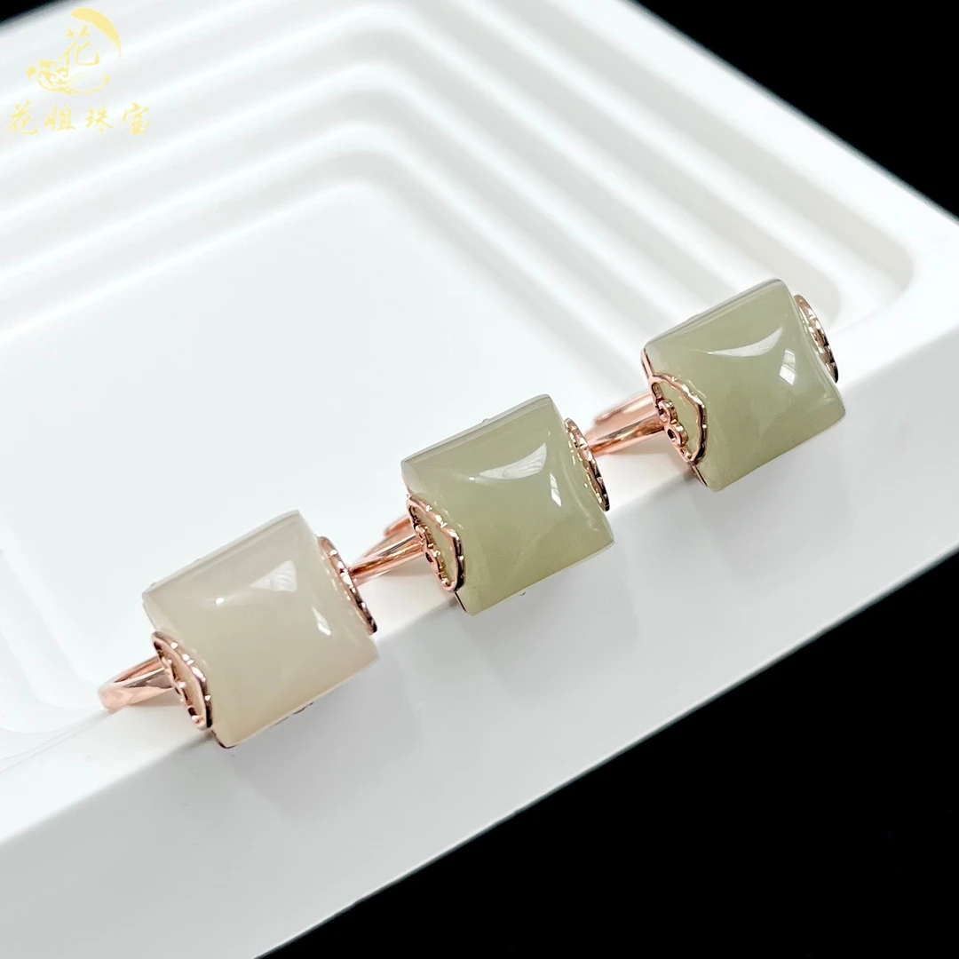 E26天然和田玉S925银镶方糖戒指12*13*7mm轻奢 多样性发其一