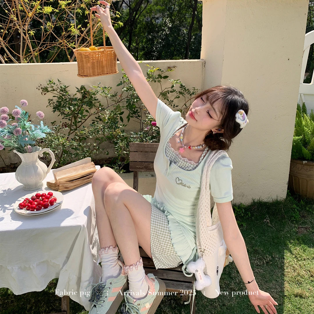 海盐甜心绿色 织物猪原创 甜美针织短袖连衣裙女小个子夏季假两件