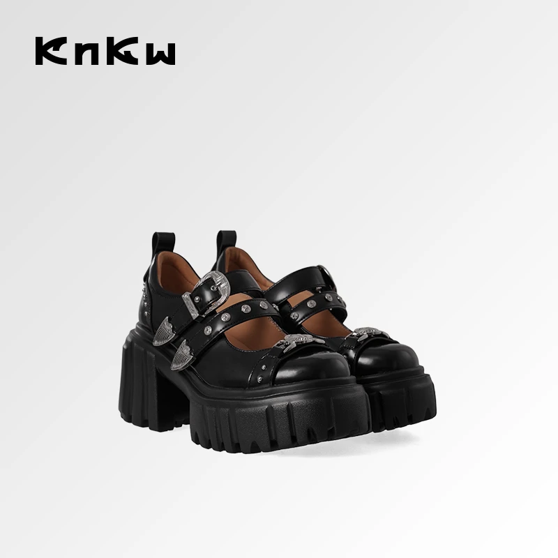 KNKW百搭黑色玛丽珍鞋2025夏季小众女鞋高跟休闲粗跟W4108E083