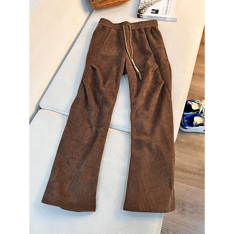 美式咖色雪尼尔裤子男款秋冬高级感加绒褶皱卫裤垂感人字纹休闲裤