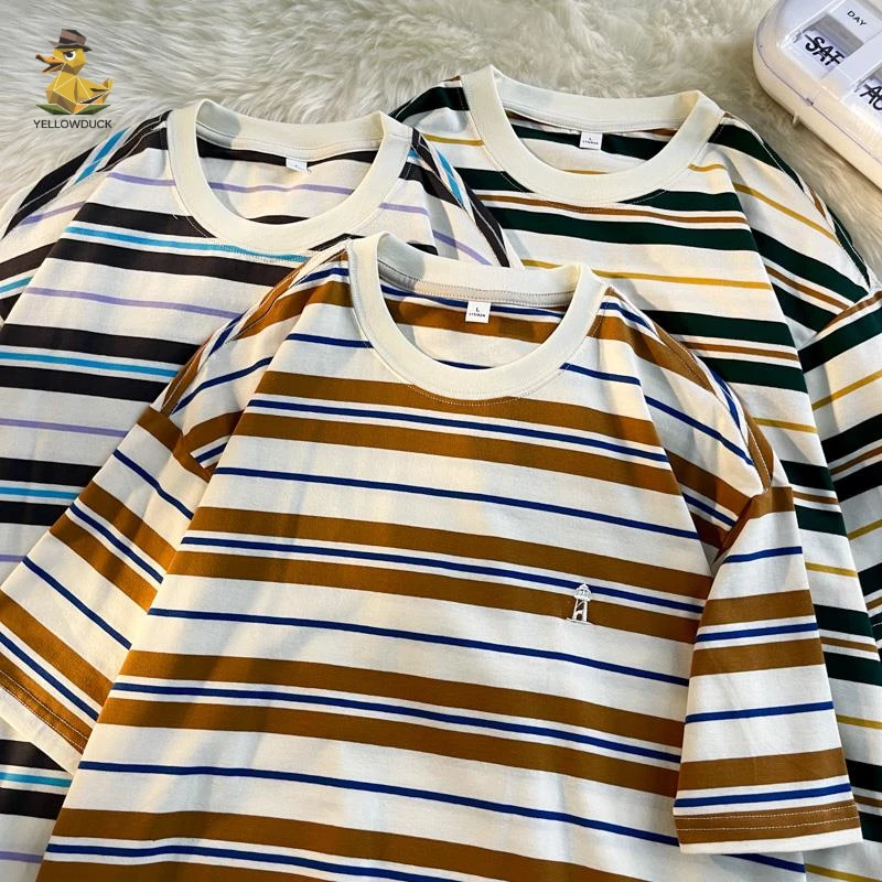 日系条纹短袖T恤男爆款拼色宽松打底衫上衣服情侣新款圆领体恤衫