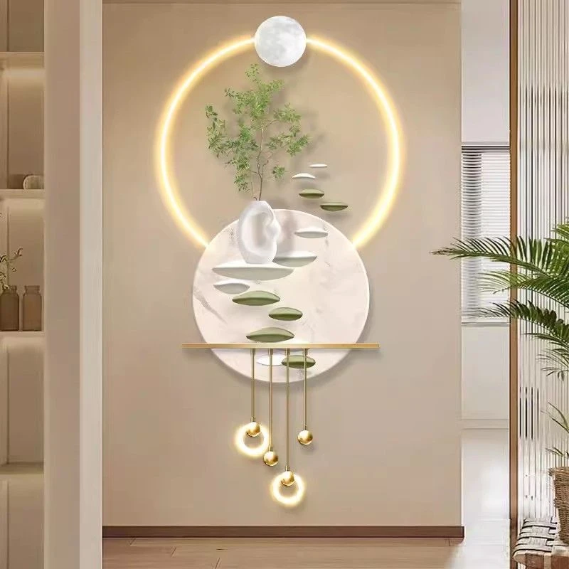 奶油风入户玄关装饰画led发光灯画走廊过道尽头立体挂画绿植壁画