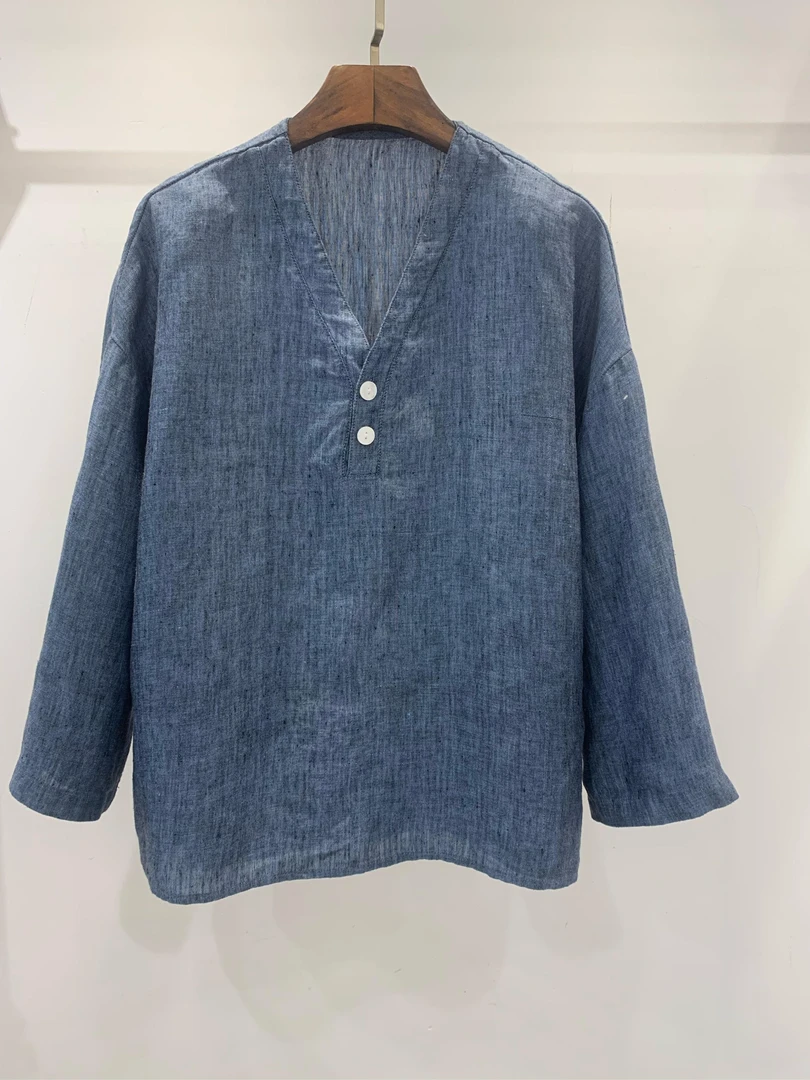 25年新款V领百搭显瘦色织汉麻纯色衬衫女 MXQ 056