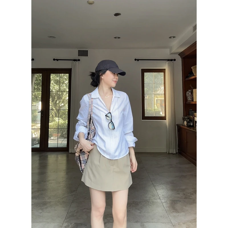 郭九九呢 亚麻棉条纹V领拉链衬衫百搭简约半身裙裤裙 G925A12729