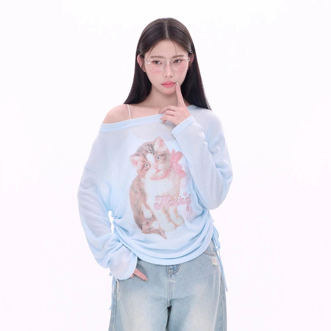 NCXK-欧若风微透猫猫印花大圆领长袖T恤罩衫侧边抽绳CX25005