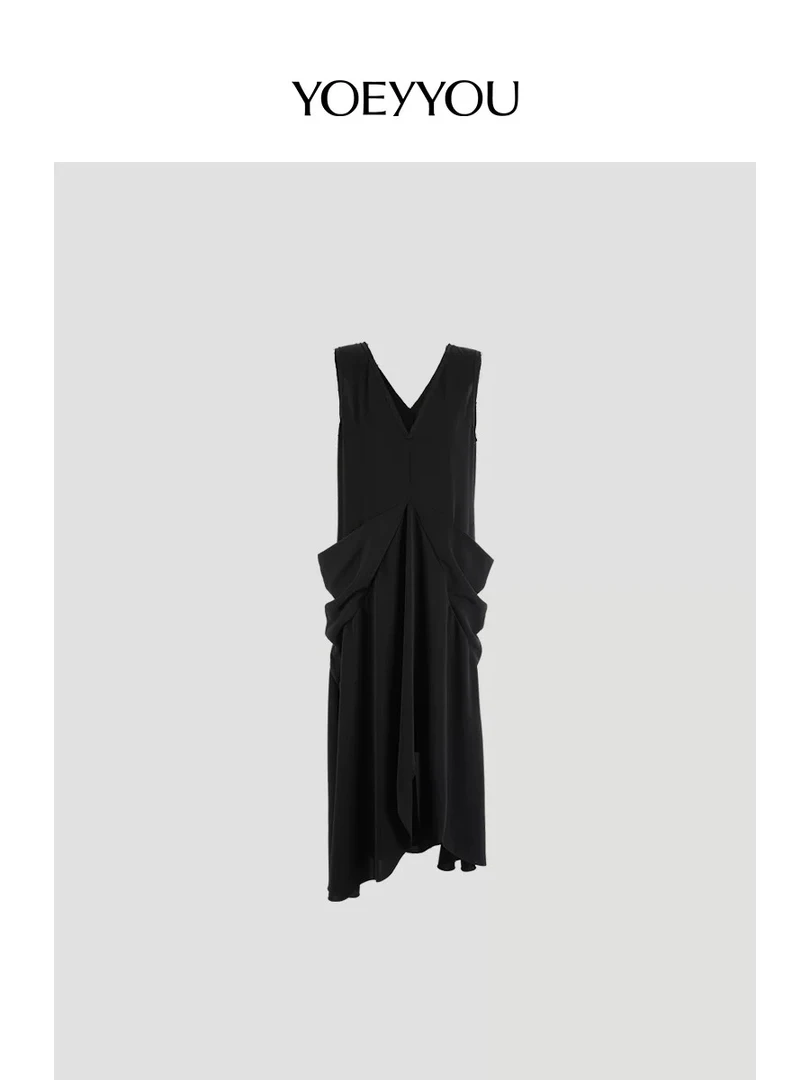 YOEYYOU不规则深V领连衣裙2025春季新款显瘦高级堆叠感穿搭长裙