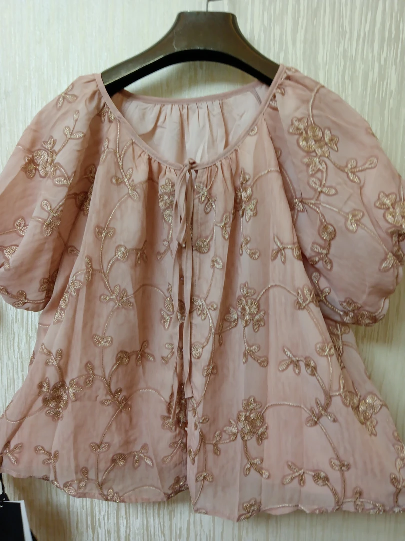 夏季针织提花法式系带不褪色衬衫圆领百搭甜美上衣