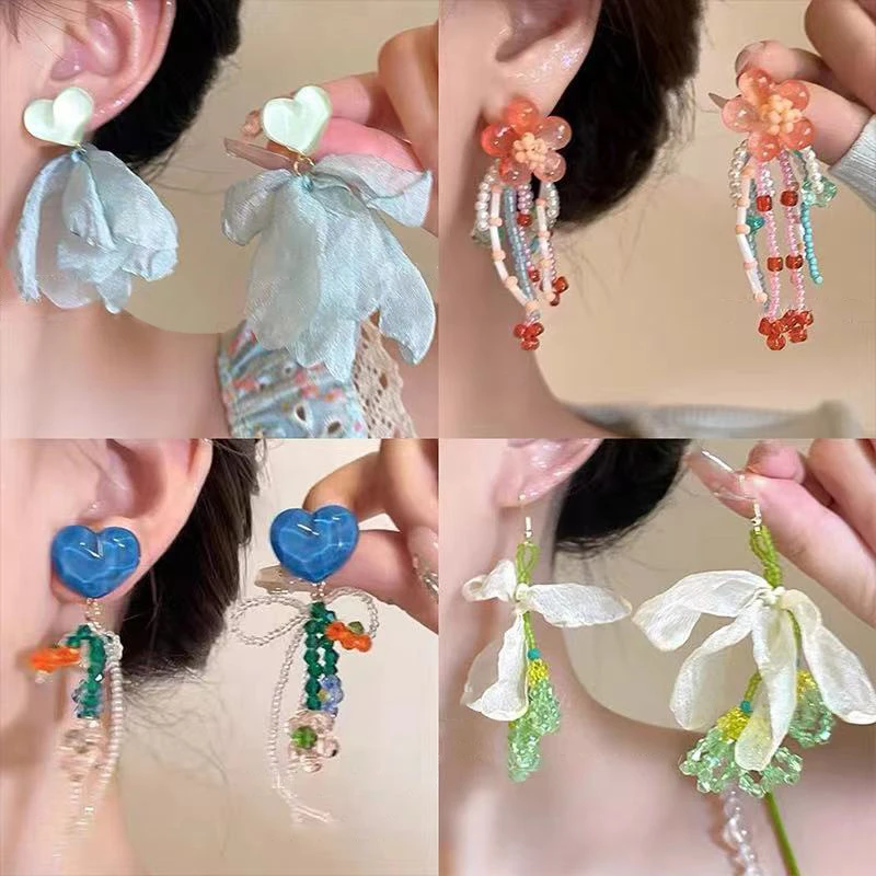 925银仿水晶耳饰银针彩色人造水晶款花朵流苏耳环甜美清新耳钩耳