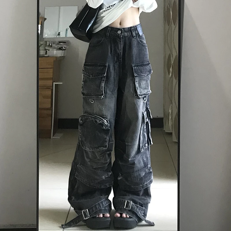 Chuna美式复古多口袋工装牛仔裤男女街头风辣妹做旧水洗阔腿裤子