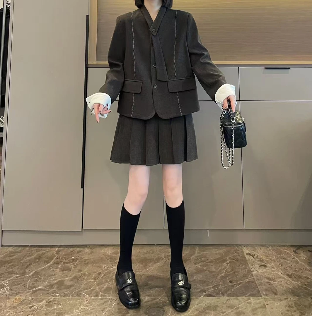 米可/MK-2905YF【翻袖飘带呢子百褶半裙套装】时尚秋季新款两件套