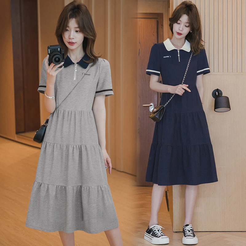 孕妇夏季长款显瘦拼接polo领翻领小个子短袖连衣裙2025夏季裙子女