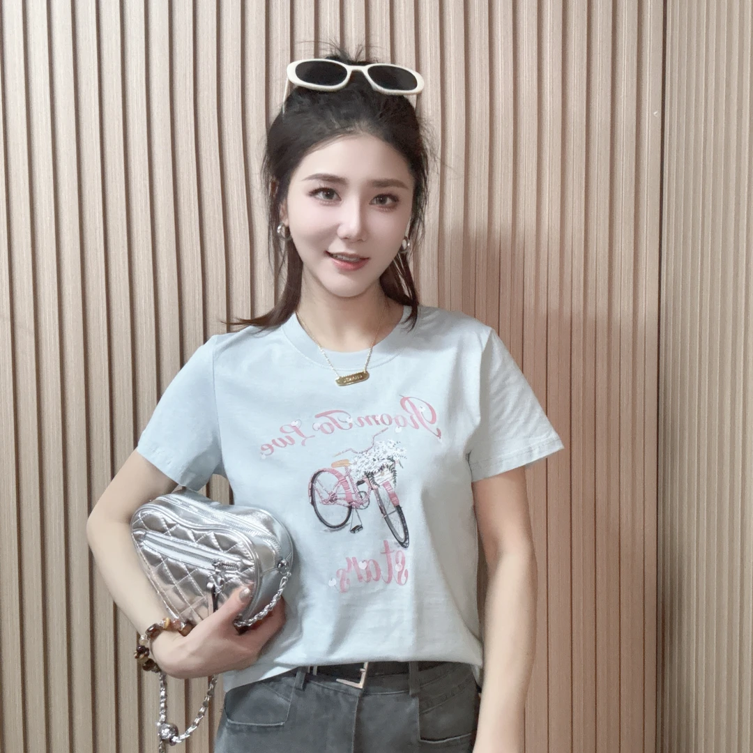 可爱自行车印花圆领短款显瘦T恤女百搭修身夏季简约上衣ins小众