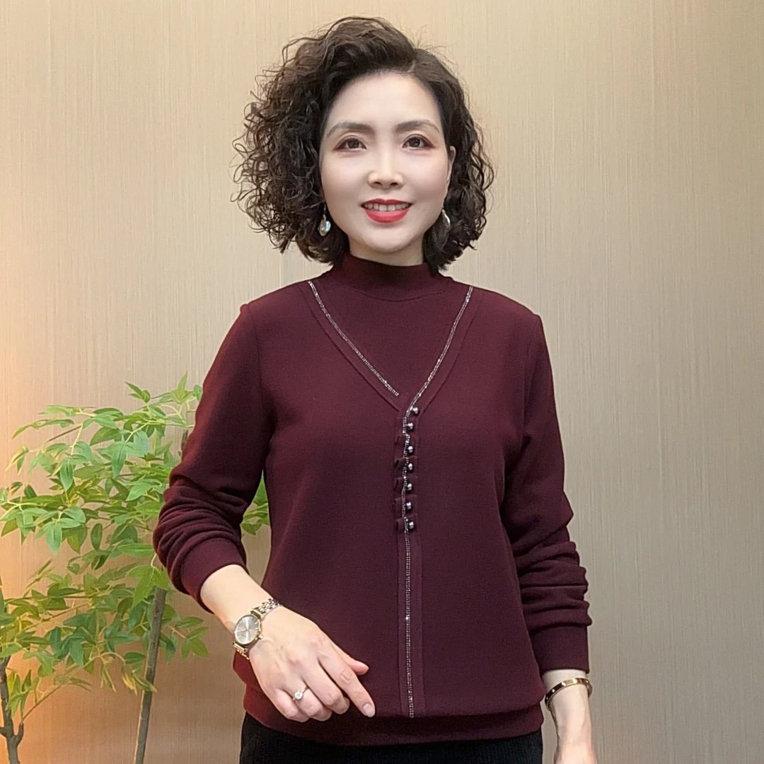 秋冬季中老年妈妈装宽松洋气气质流光风纯色保暖烫钻女士长袖小衫