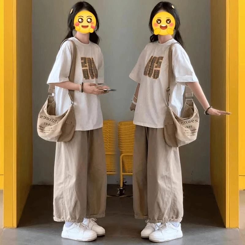 韩系慵懒学院风休闲套装夏季12-15-18岁短袖T恤阔腿裤时尚两件套