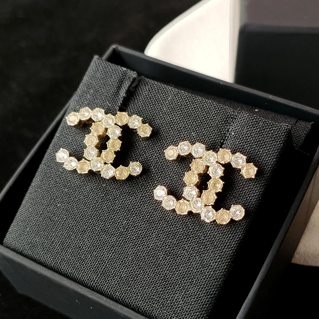 95新 Chanel/香奈儿 Azul-15A浅金色双色镶钻双c耳钉/49287