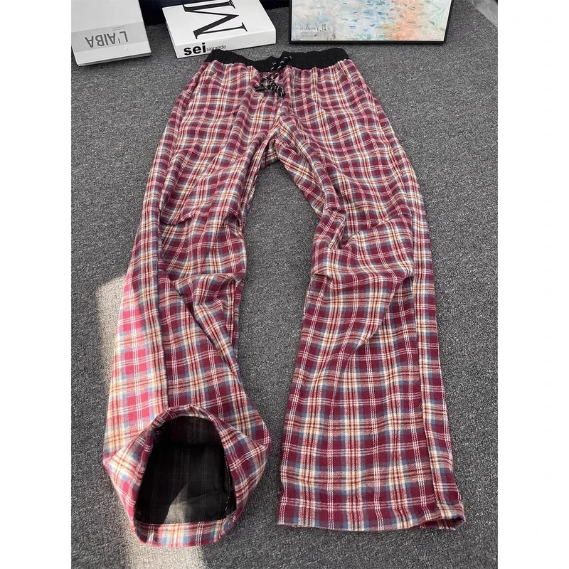 cleanfit红色格子裤男夏季薄款慵懒透气格纹裤子松弛感慵懒直筒裤