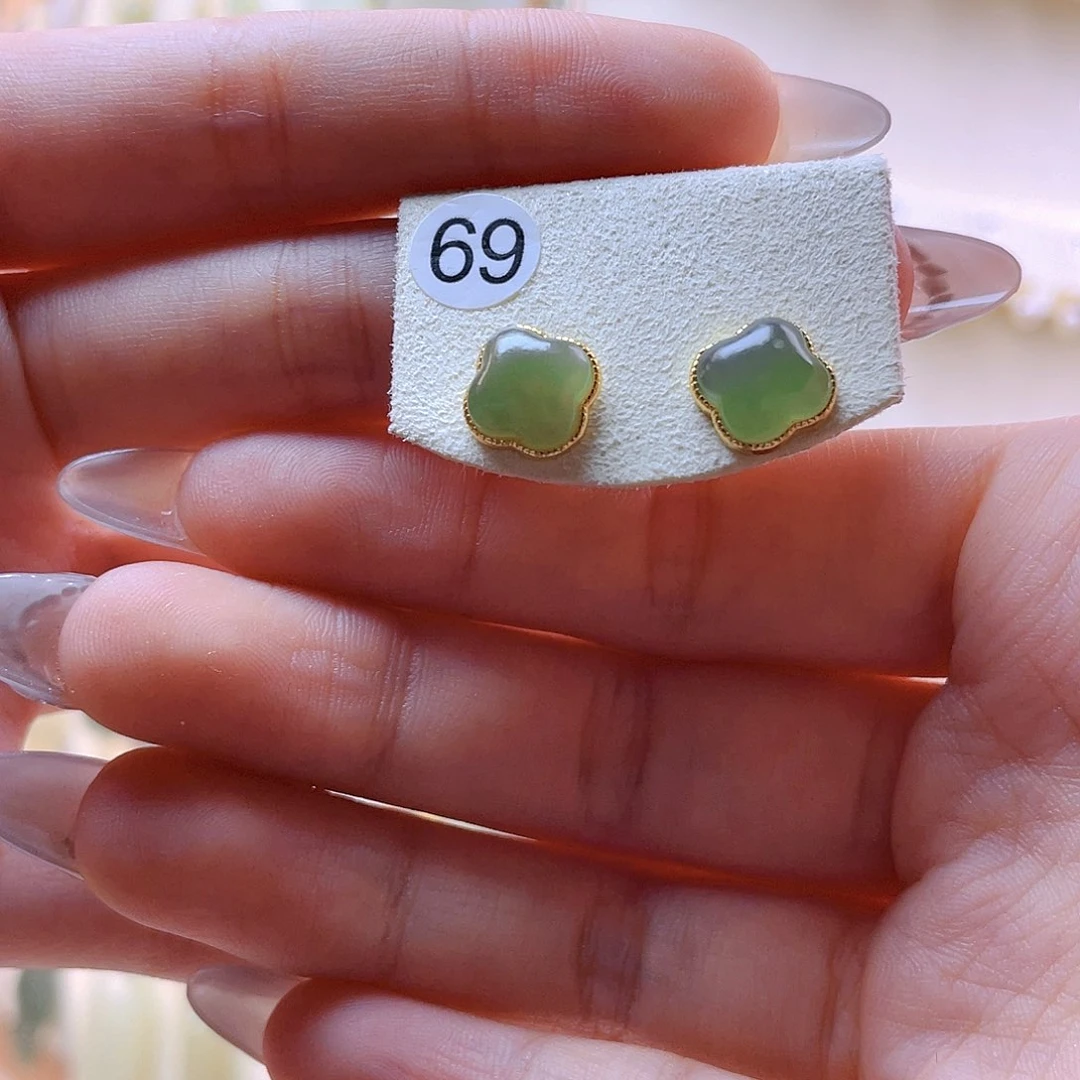 和田玉耳饰银S925镀金镶嵌