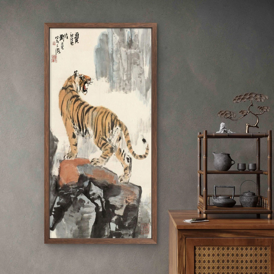 027-35*68老虎中式装饰画木框玄关书房茶室客厅挂画
