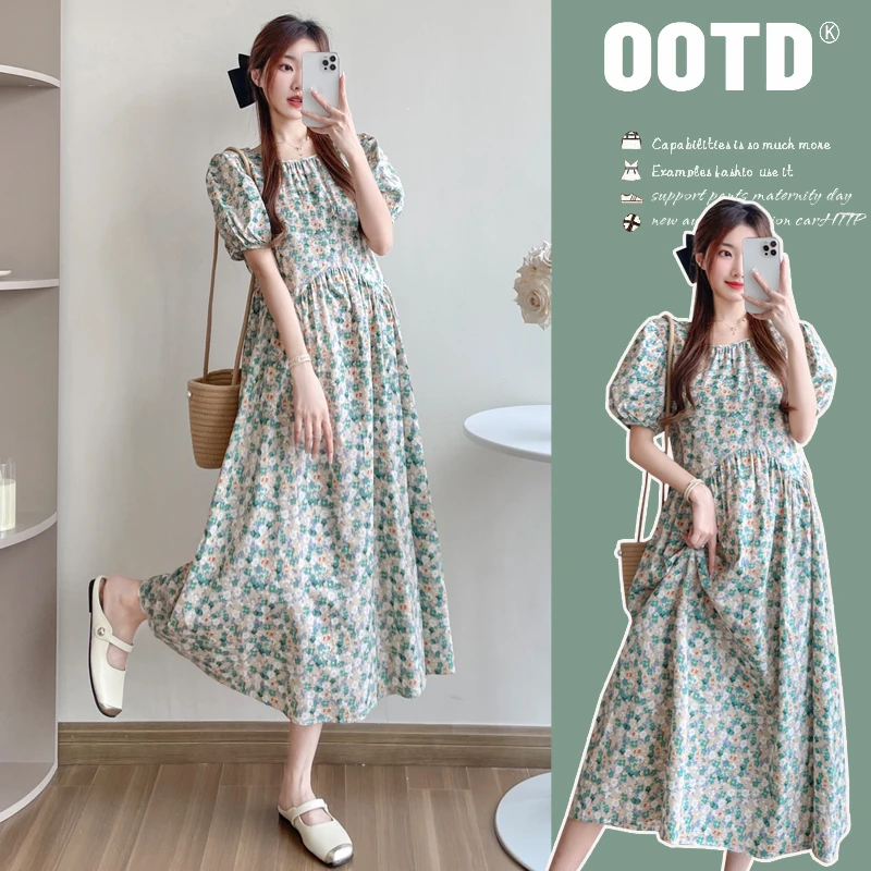 2025新款孕妇夏季薄款时尚泡泡袖过膝长裙宽松遮肚雪纺碎花连衣裙