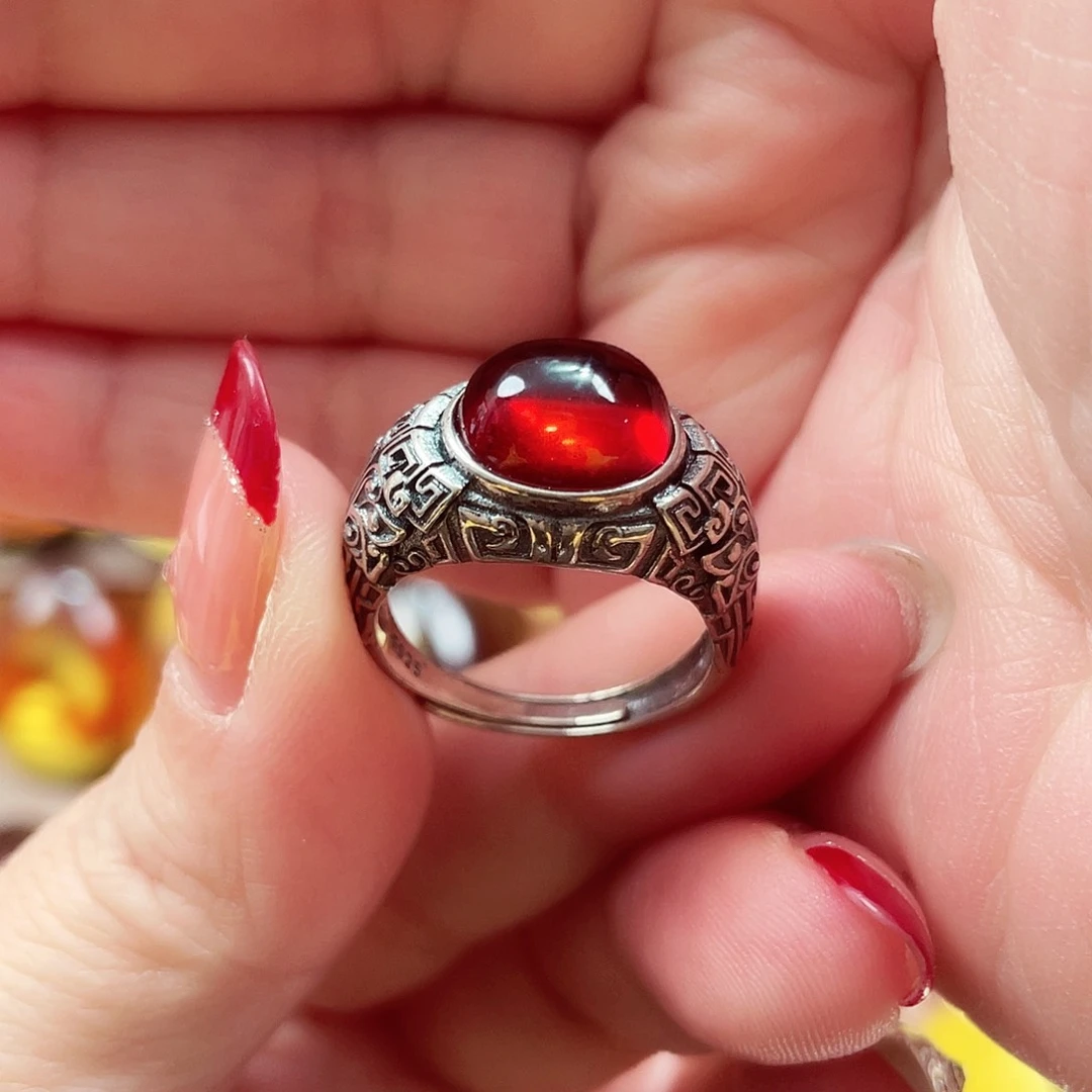 琥珀戒指银S925镶嵌戒指