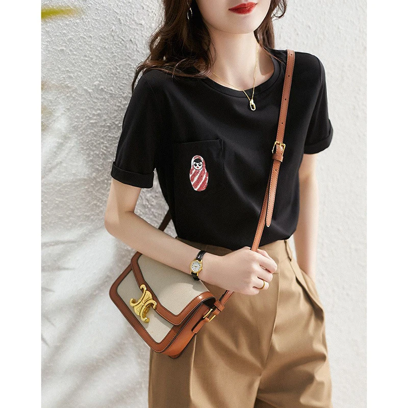 圆领纯色简约亮片印染别致气质百搭T恤上衣8349