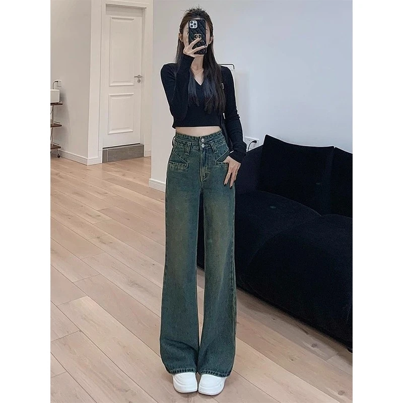 2025秋冬复古窄版牛仔裤女高腰显瘦宽松微喇小个子垂感时尚阔腿裤