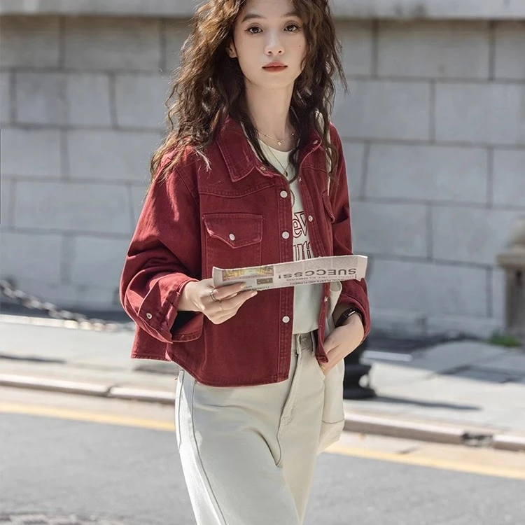 洋气安可拉红色牛仔外套秋小个子百搭摩登感翻领短款夹克衫女休闲