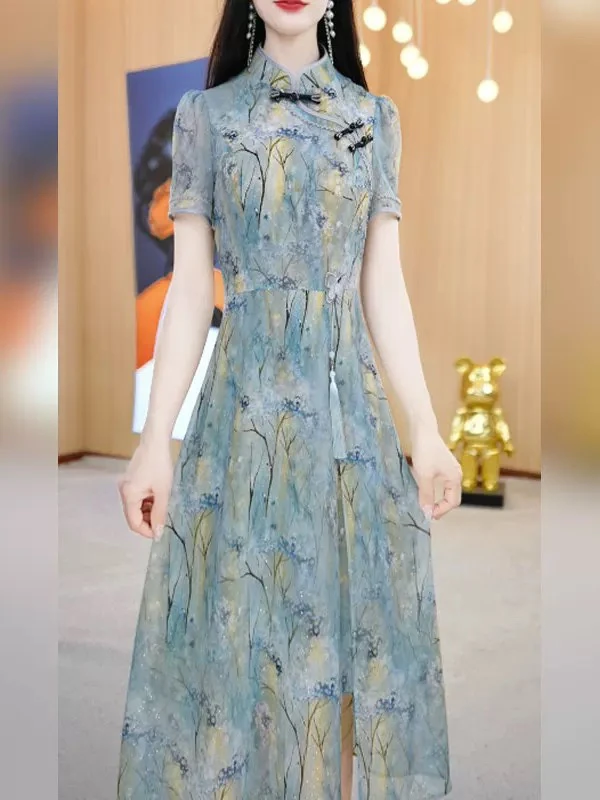 【连衣裙】2025夏季新款立领新中式国风复古旗袍中长款连衣裙