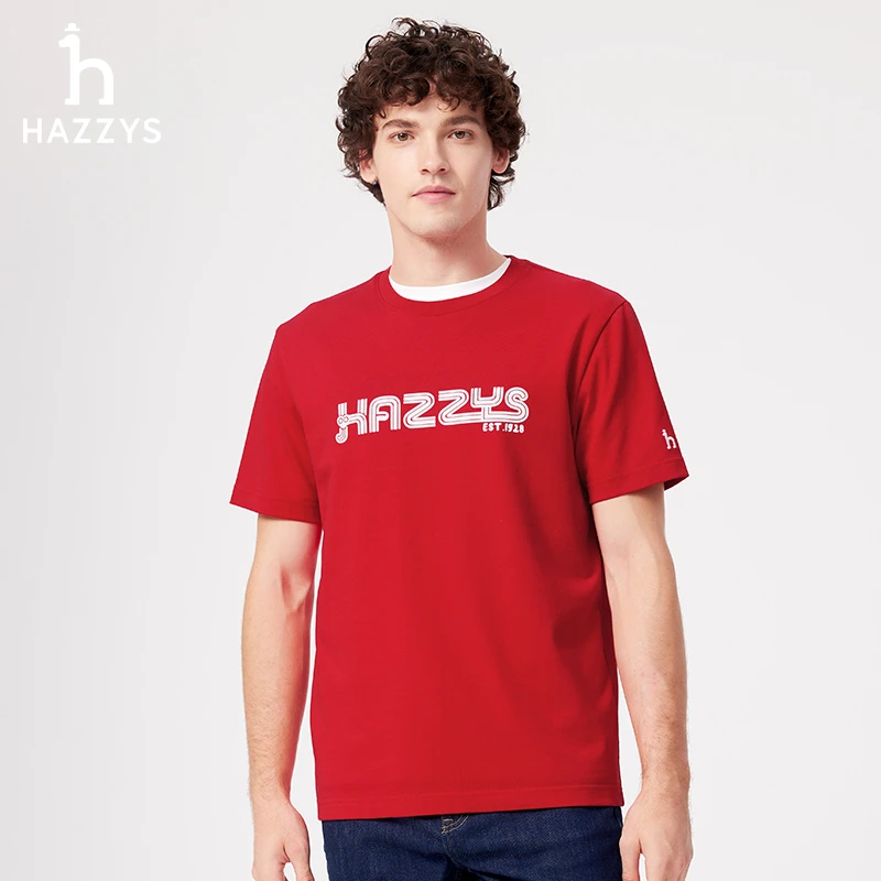 Hazzys哈吉斯短袖圆领上衣红色男子夏季休闲T恤