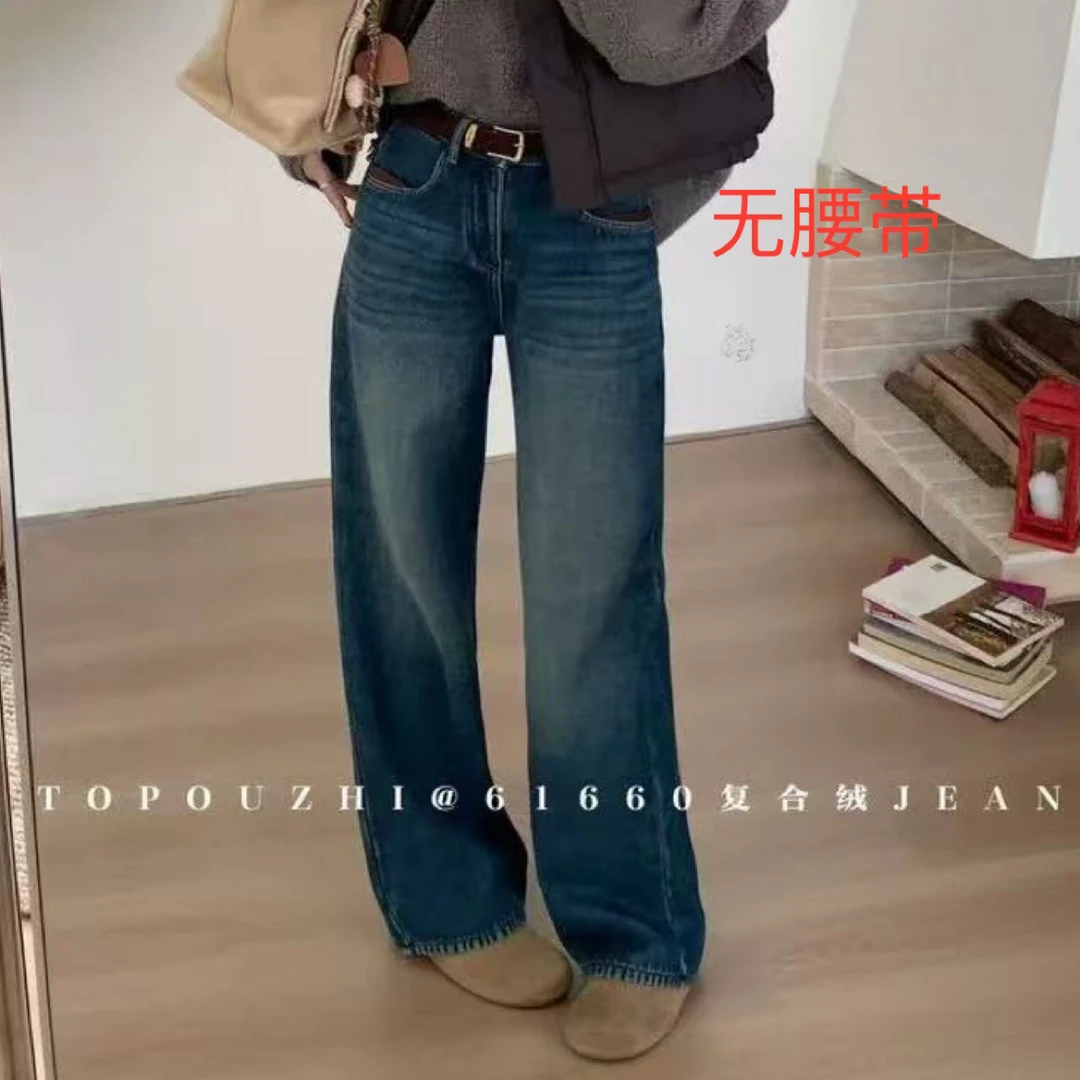 56522冬季新款潮流加绒弯刀牛仔裤