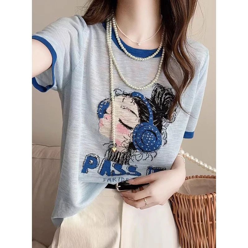 夏季宽松卡通带耳机女孩印花竹节麻短袖薄款t恤减龄圆领针织衫女