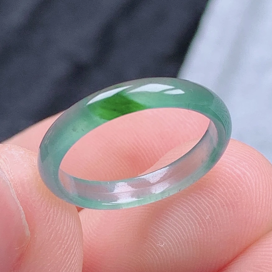 天然翡翠A货老坑冰种起胶细条飘绿戒指指环11号圈口内径16mm&11