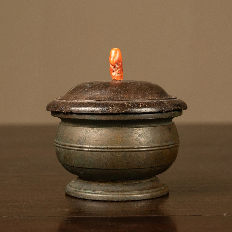 清代 铜弦纹铜摆件（紫檀盖） 插香盘香书房茶室古董收藏真品老物件