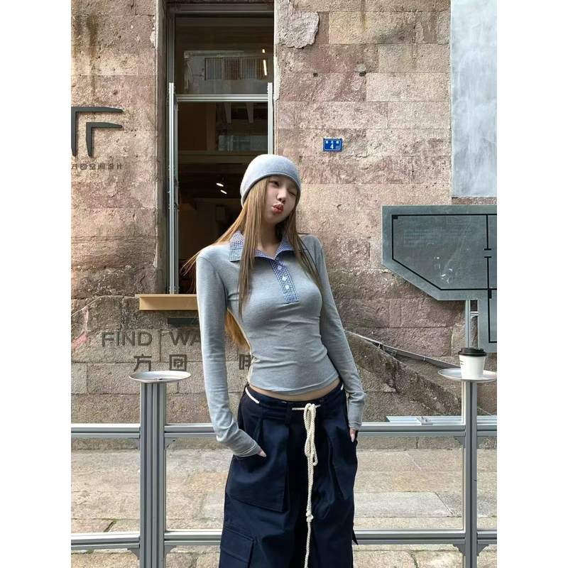 番茄妹妹Tomatosister春款2025格纹立领拼接高弹正肩针织打底T恤