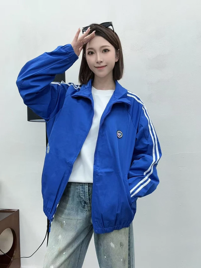 早秋图案拉链立领外套情侣休闲春季运动风蓝色学生夹克