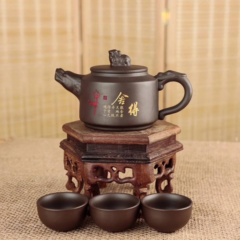 紫砂紫泥舍得龙把貔貅德钟壶 3个紫砂客杯DY