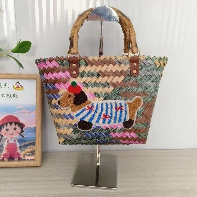 卡通编织菜篮子可爱刺绣腊肠小狗编织百搭手提包化妆品收纳包
