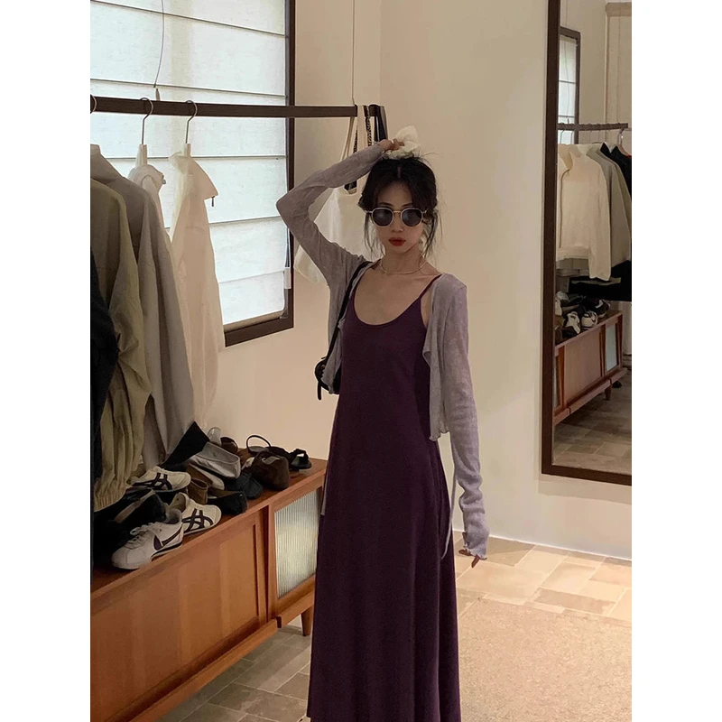 紫色吊带连衣裙开衫套装女2025夏季新款高级感温柔风通勤辣妹上衣