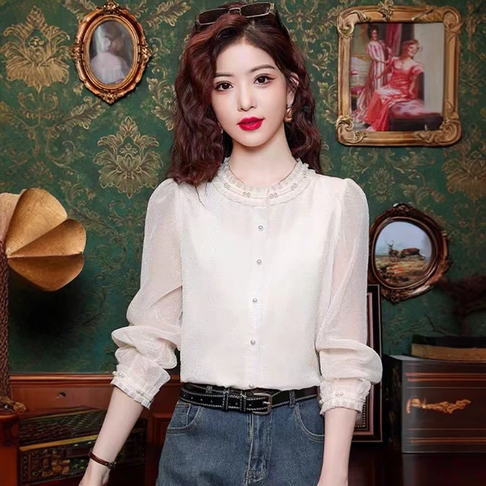 法式高级感钉珠荷叶领长袖衬衫女装2025春季新款别致减龄气质上衣
